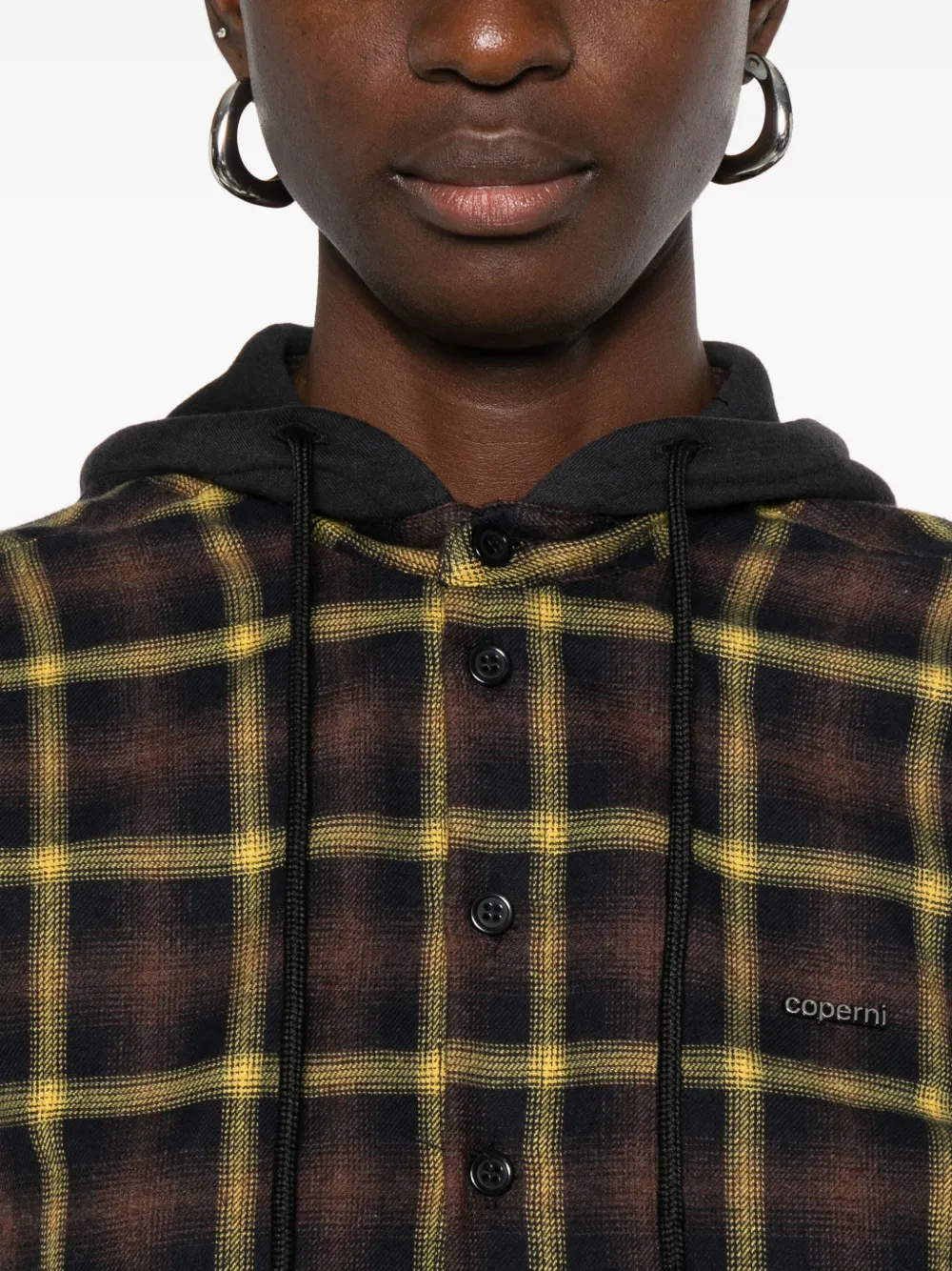 Coperni Plaid Brown Shirt With Hood And Button-down Detail In Brown