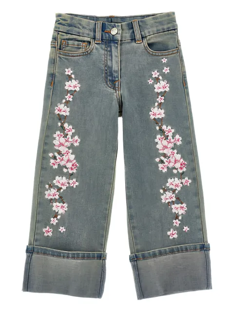 Monnalisa floral-embroidered cuffed jeans
