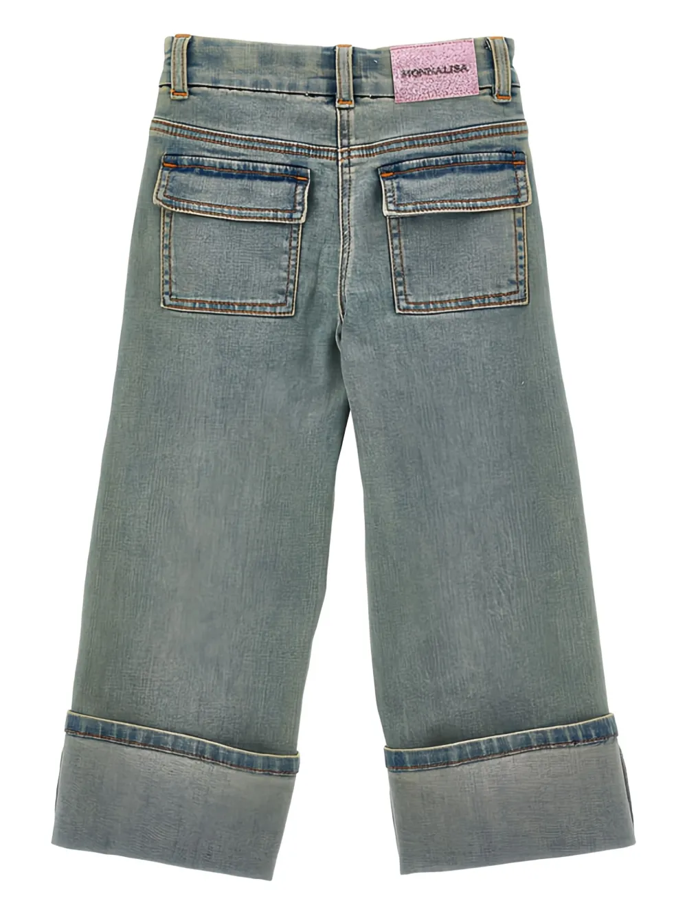 Monnalisa Jeans met geborduurde bloemen en omgeslagen pijpen Blauw