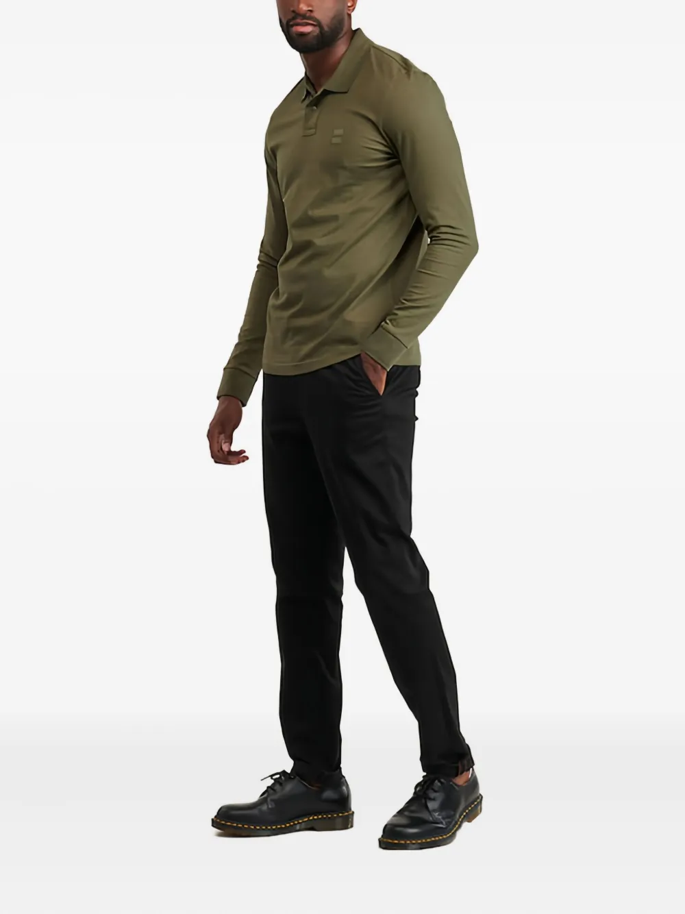 BOSS Poloshirt met lange mouwen en patch - Groen