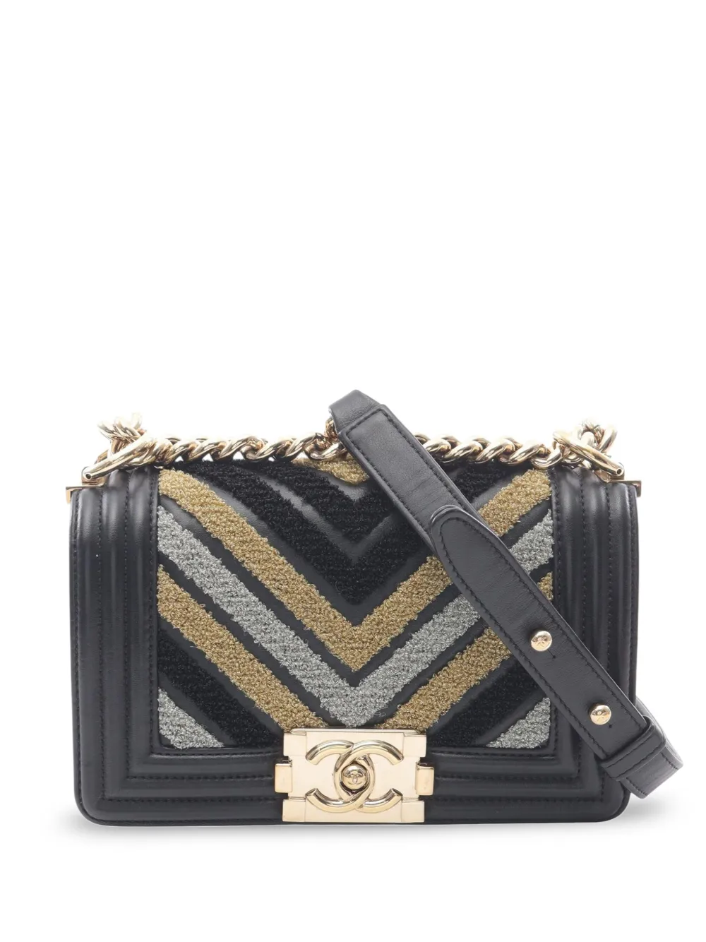 CHANEL Pre-Owned 2019 スモール シェブロン ツイード&ラムスキン ボーイ フラップ ショルダーバッグ - ブラック CHANEL Pre-Owned 2019 スモール シェブロン ツイード&ラムスキン ボーイ フラップ ショルダーバッグ - ブラック