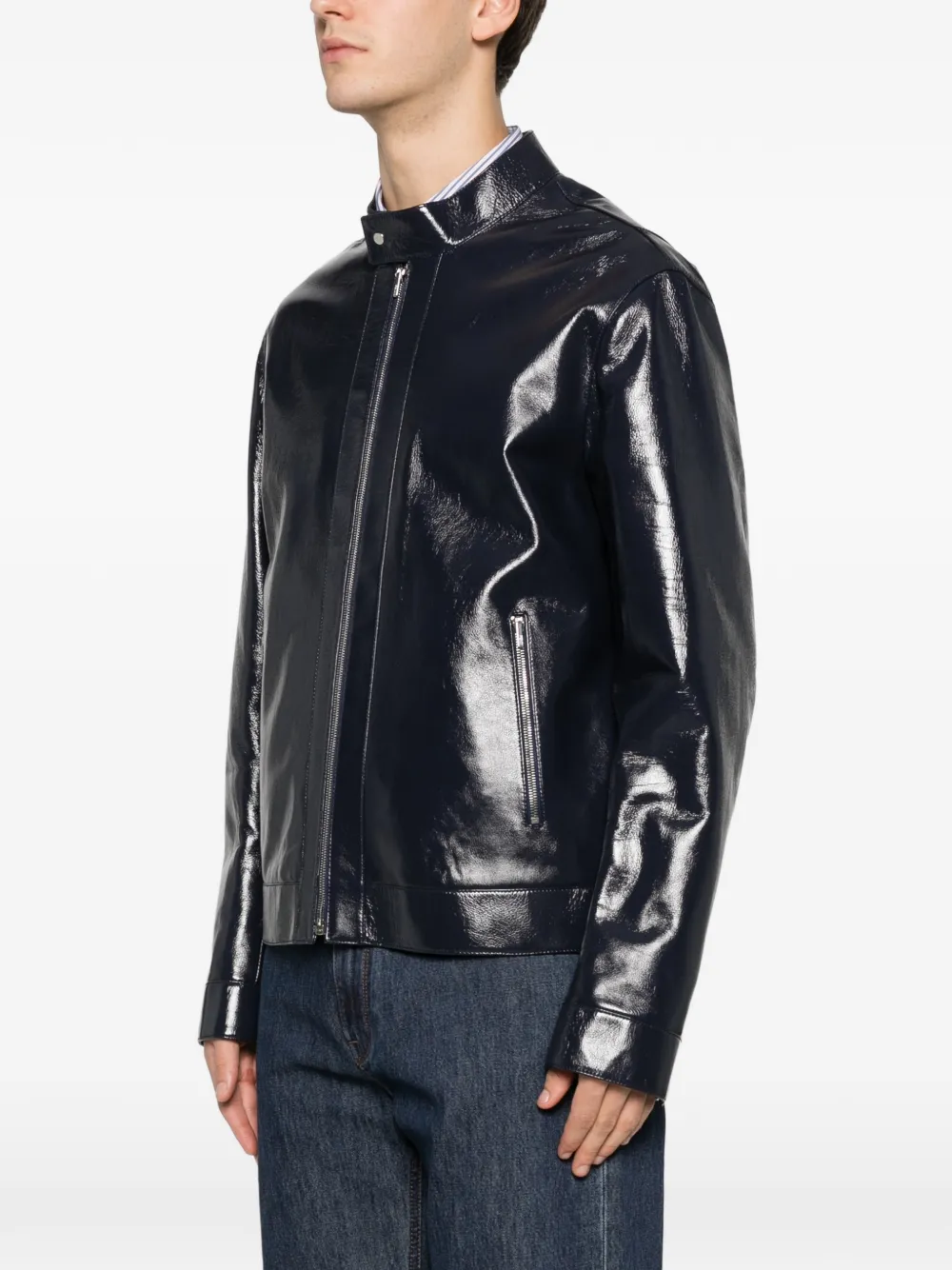 Fendi Leather Biker Jacket In Blue