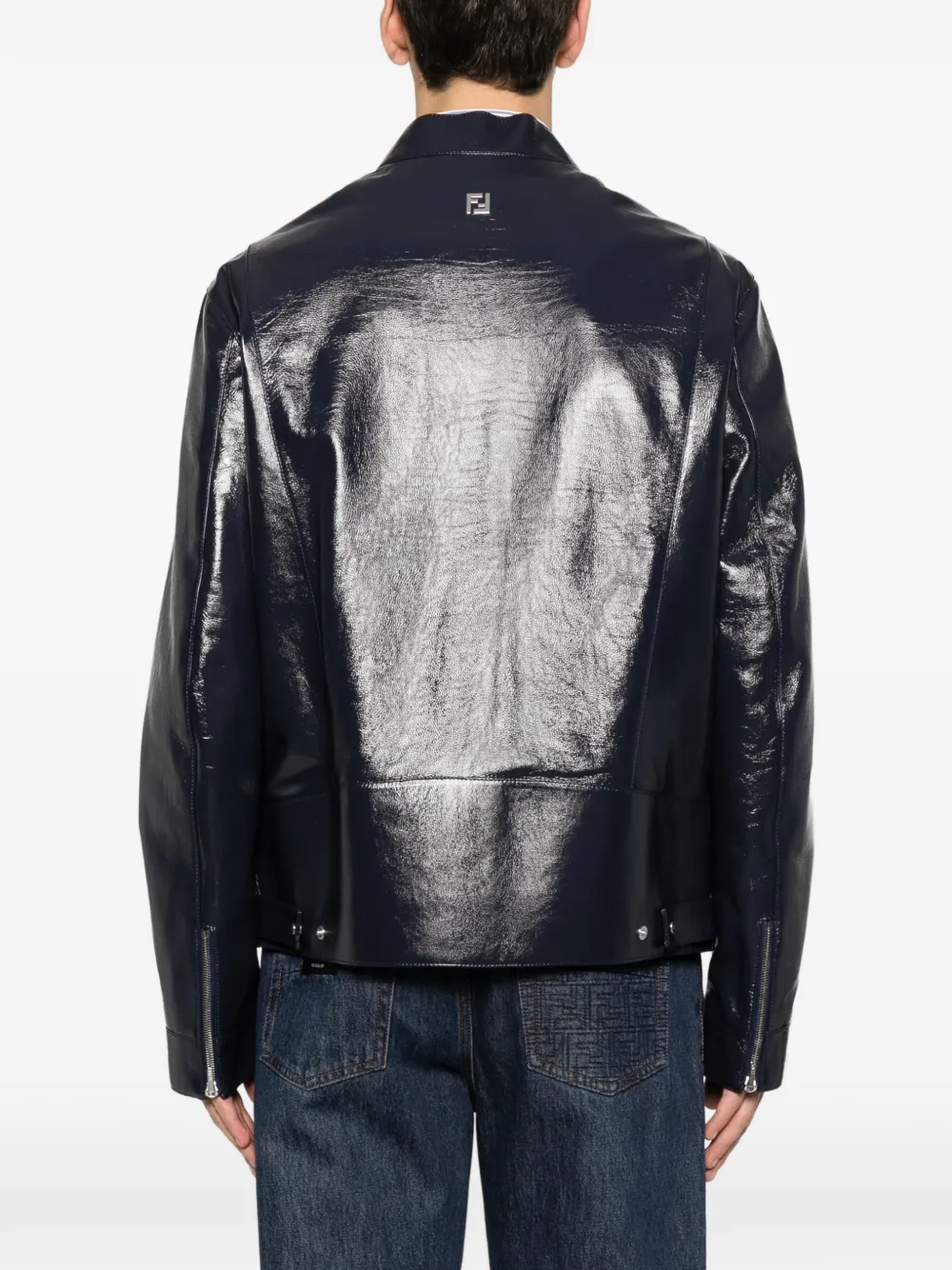 Fendi Leather Biker Jacket In Blue
