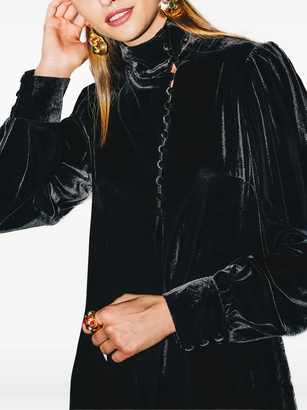 Maliparmi Velvet Buttoned Turtleneck Maxi Dress In Black