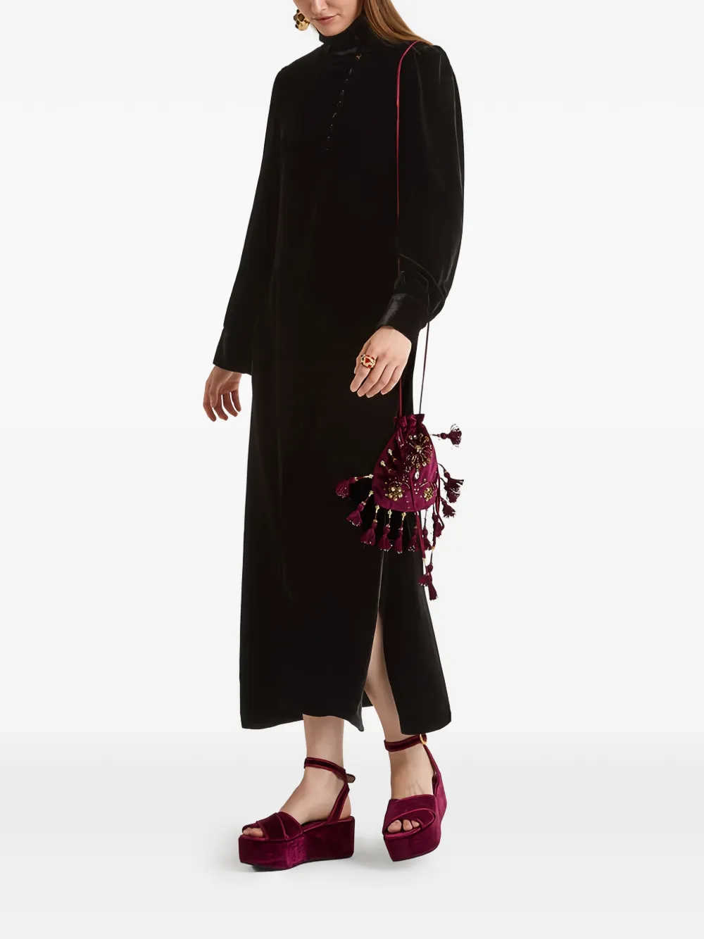 Maliparmi Velvet Buttoned Turtleneck Maxi Dress In Black