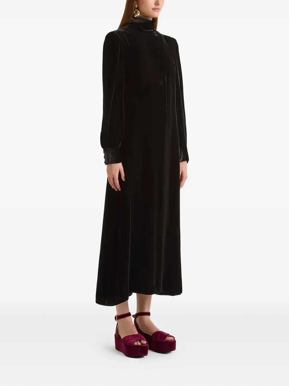 Maliparmi Velvet Buttoned Turtleneck Maxi Dress In Black