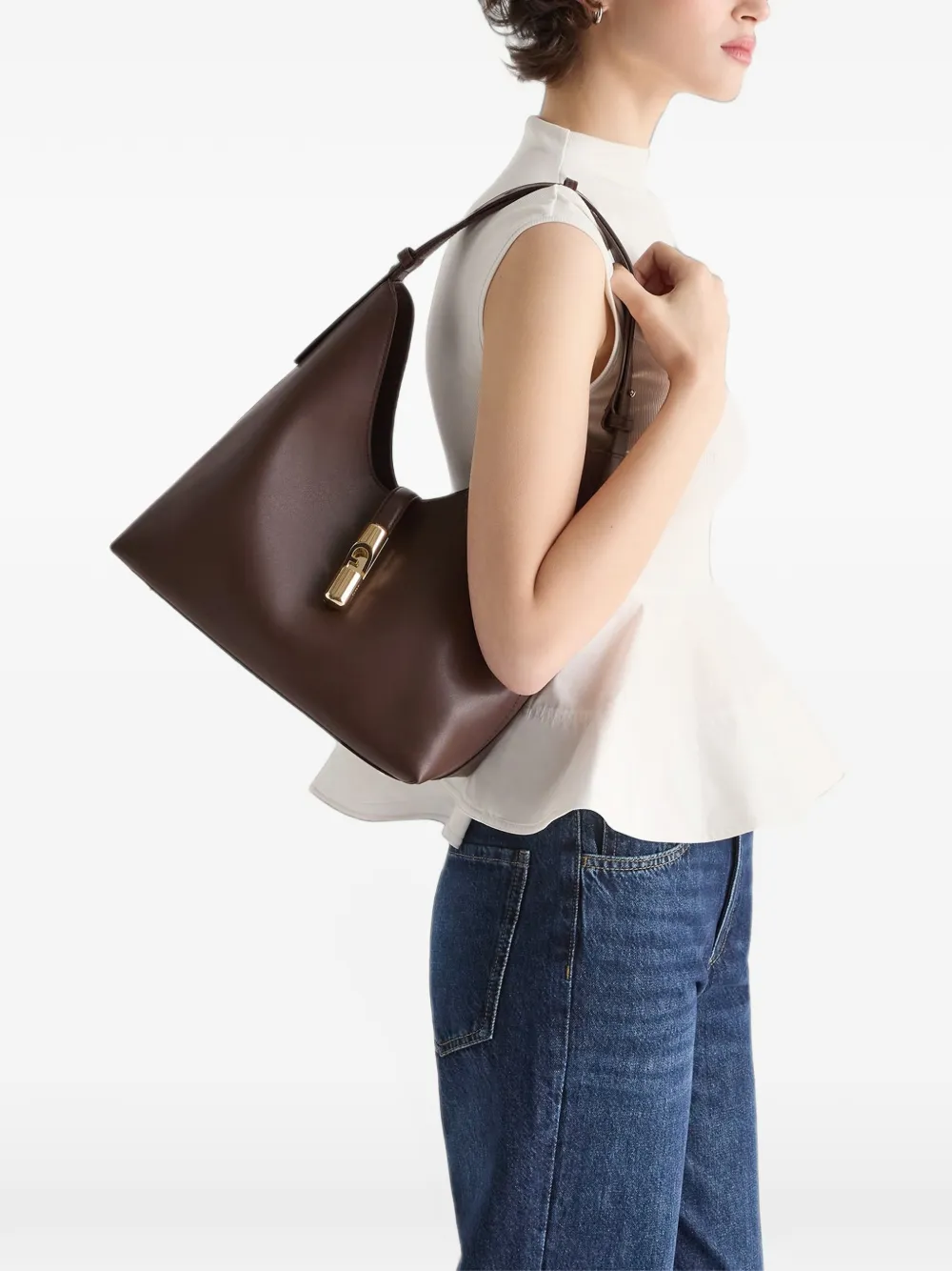 Furla Medium leren schoudertas met logodetail Bruin