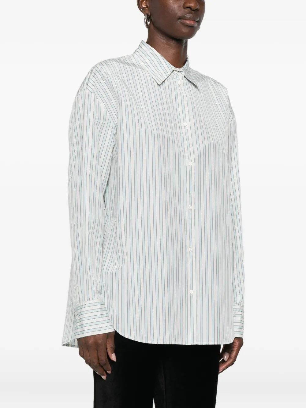 Forte Forte Striped Long Sleeve Top With Pointed Collar In Blue