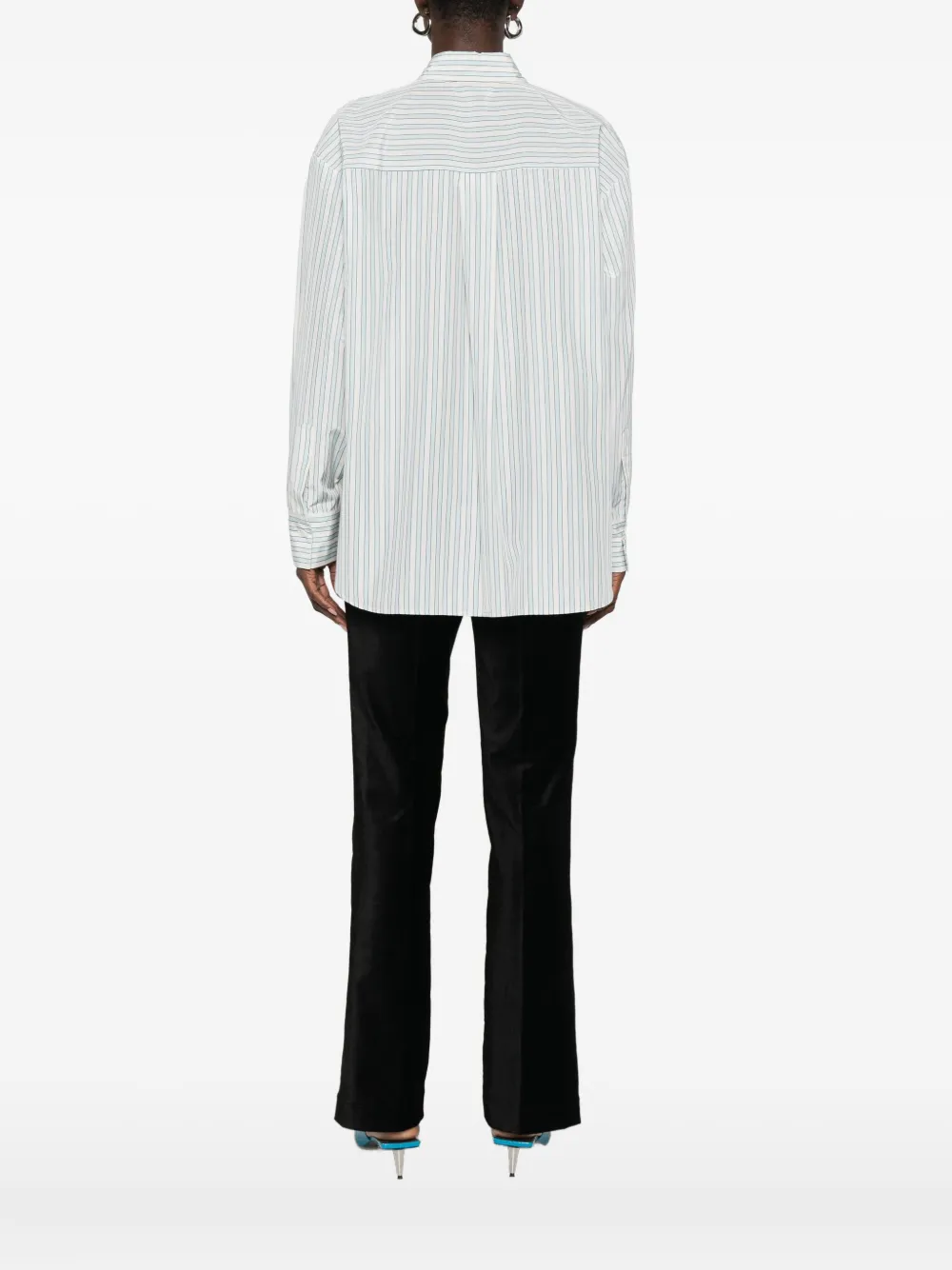 Forte Forte Striped Long Sleeve Top With Pointed Collar In Blue