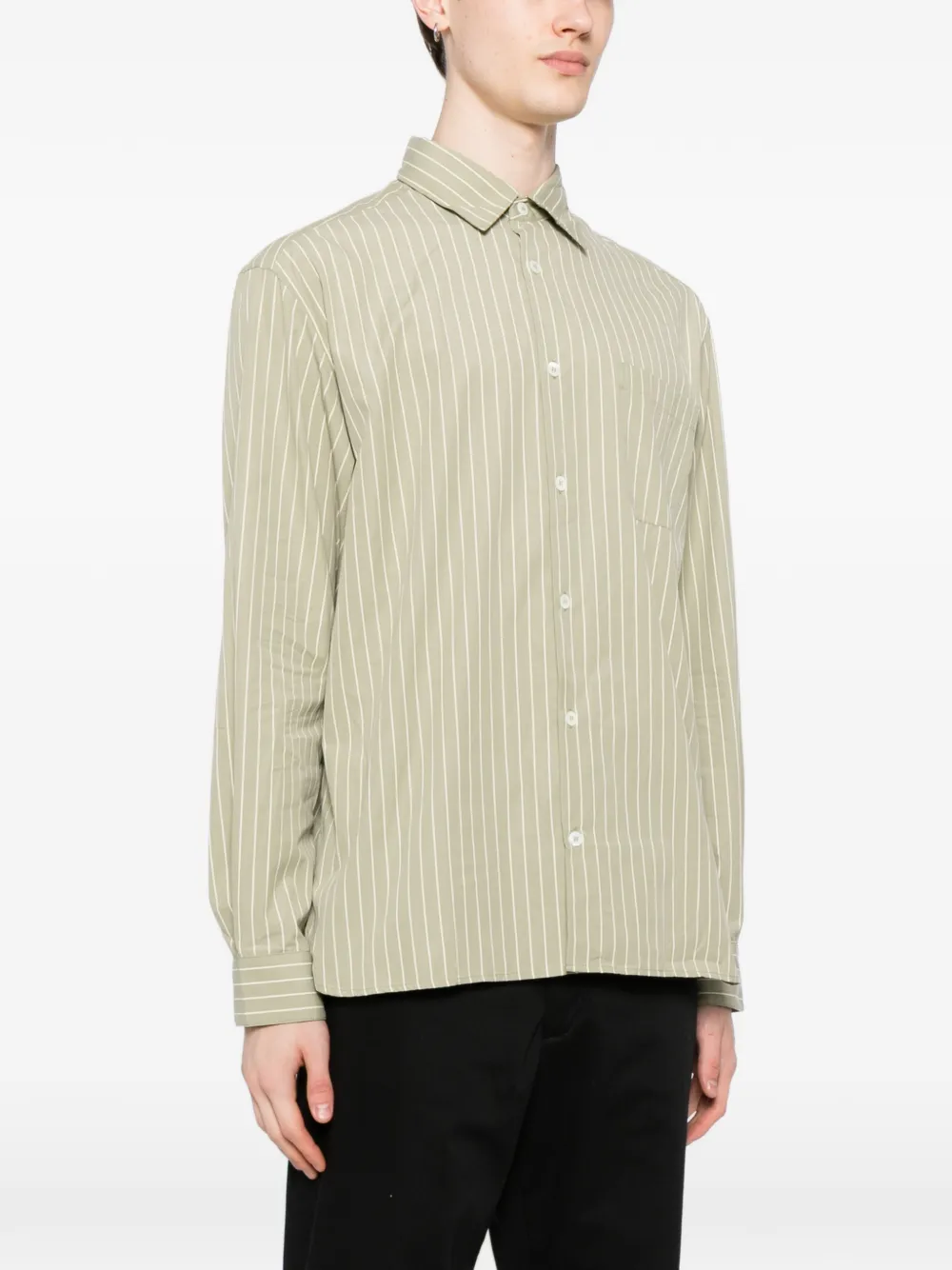 【美品】A.P.C ストライプシャツ　Mサイズ　カーキ色　ロゴ入り A.P.C. ストライプ ポケット シャツ | グリーン | FARFETCH JP