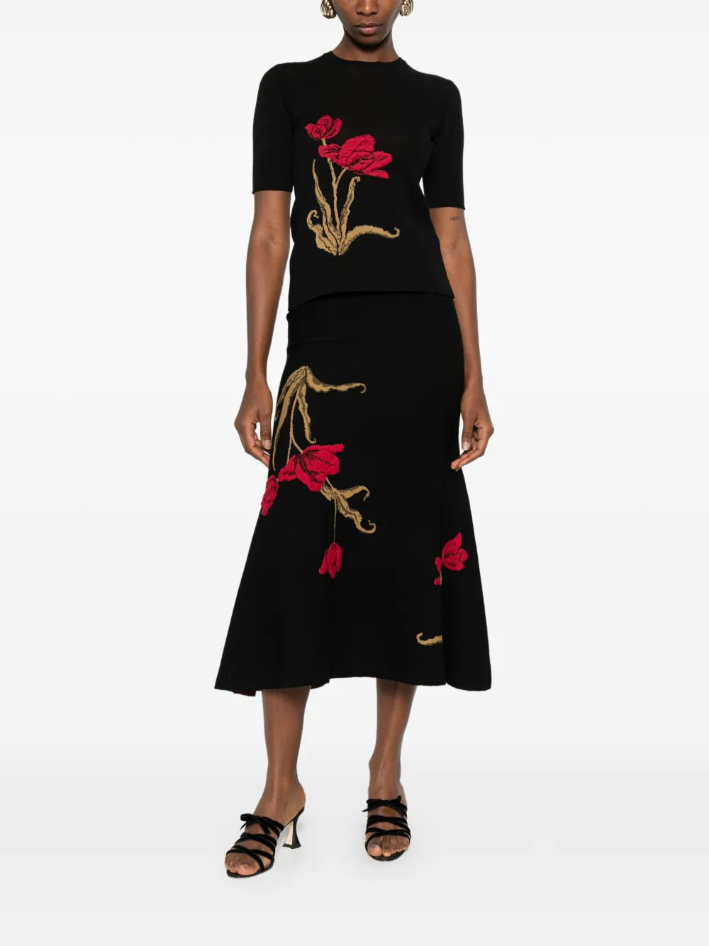ERDEM floral-motif knitted midi skirt - Zwart