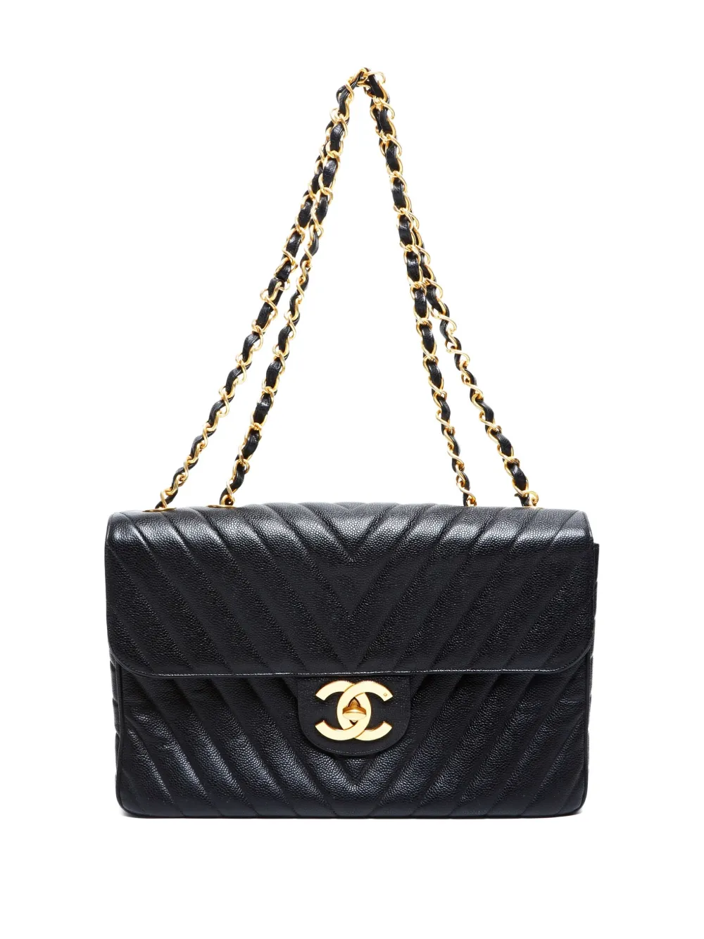 Pre-owned Chanel Chevron Flap Chain Shoulderbag In Black
