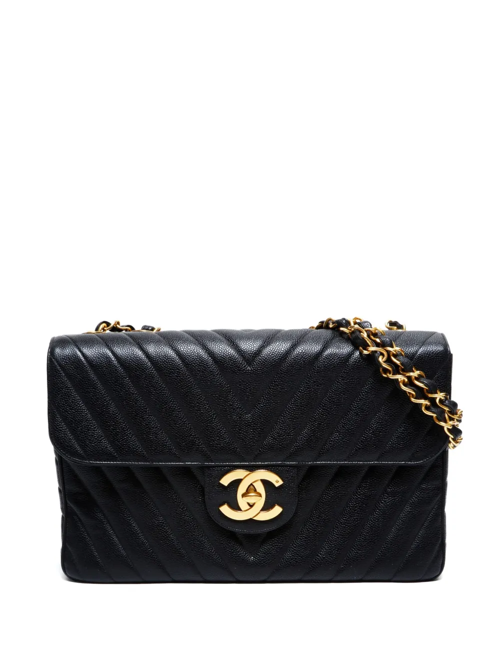 Pre-owned Chanel Chevron Flap Chain Shoulderbag In Black