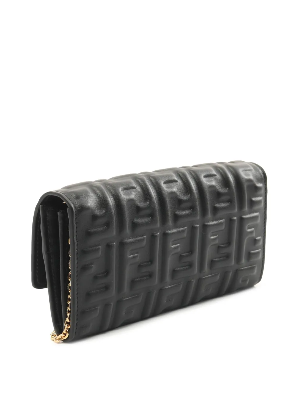 Pre-owned Fendi 2010-2025 Zucca Embossed Leather Baguette Wallet On Chain Crossbody Bag In Black