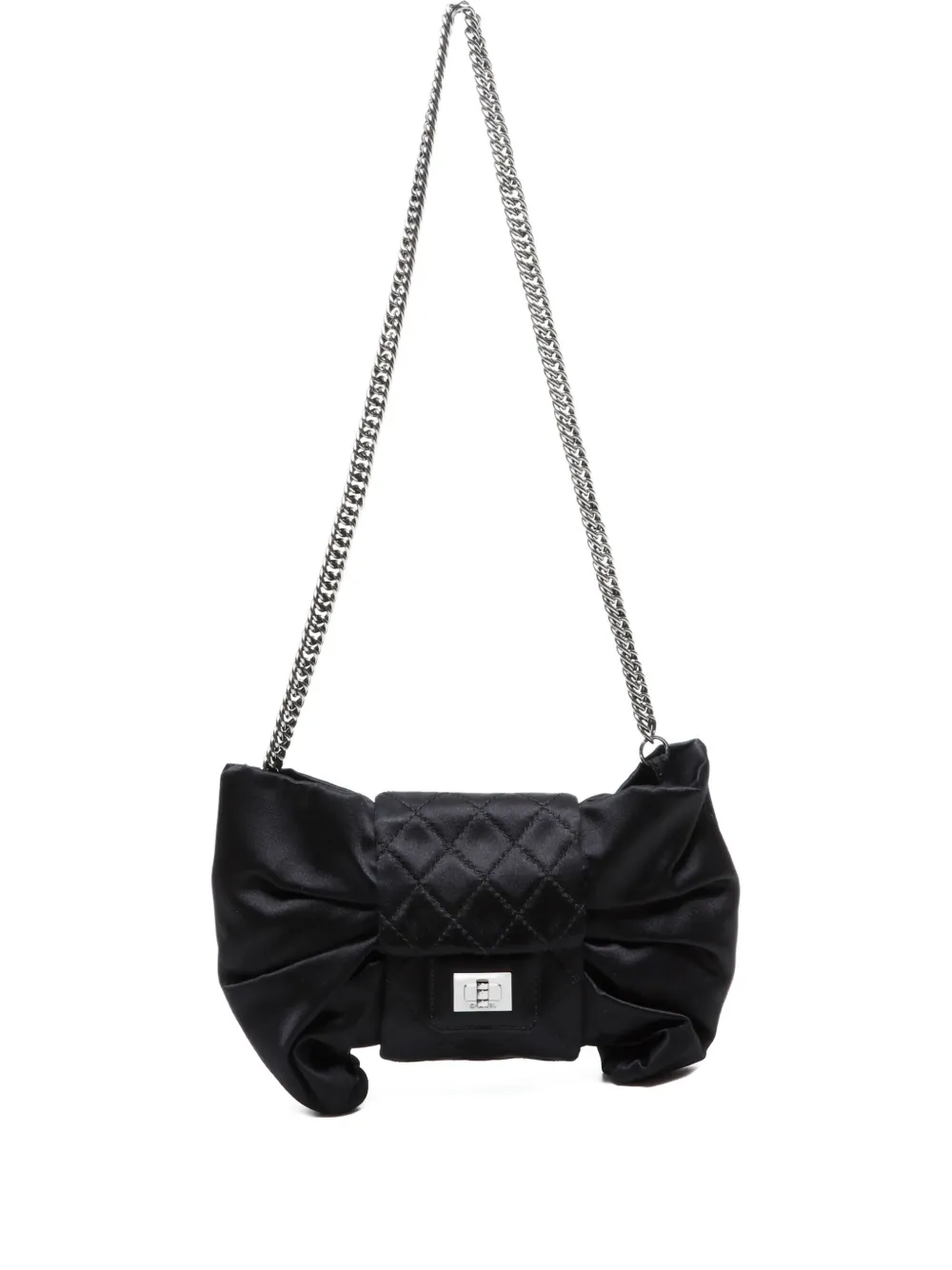 Pre-owned Chanel 2008-2009 Satin Ribbon-embellished Chain-strap Shoulder Bag In Black