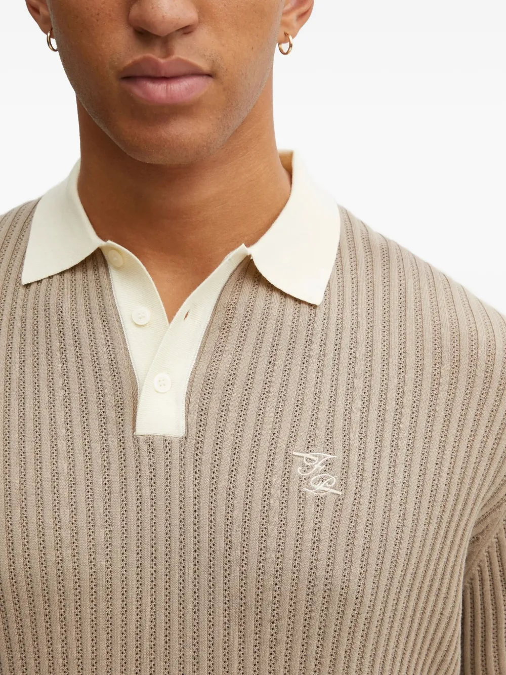 Filling Pieces Geribbeld poloshirt met geborduurd detail Beige