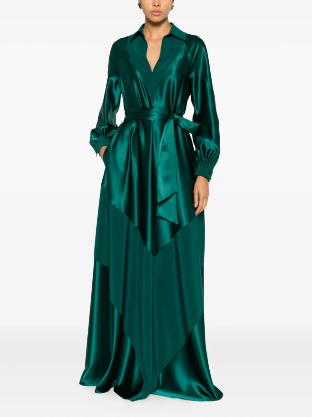 Kiton Maxi-jurk met gestrikte taille en kraag - Groen