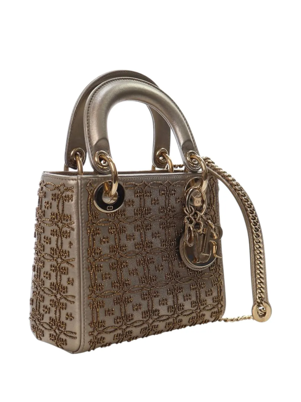 Pre-owned Dior 2020 Mini Beaded Metallic Lambskin Cannage Lady  Satchel In Gold