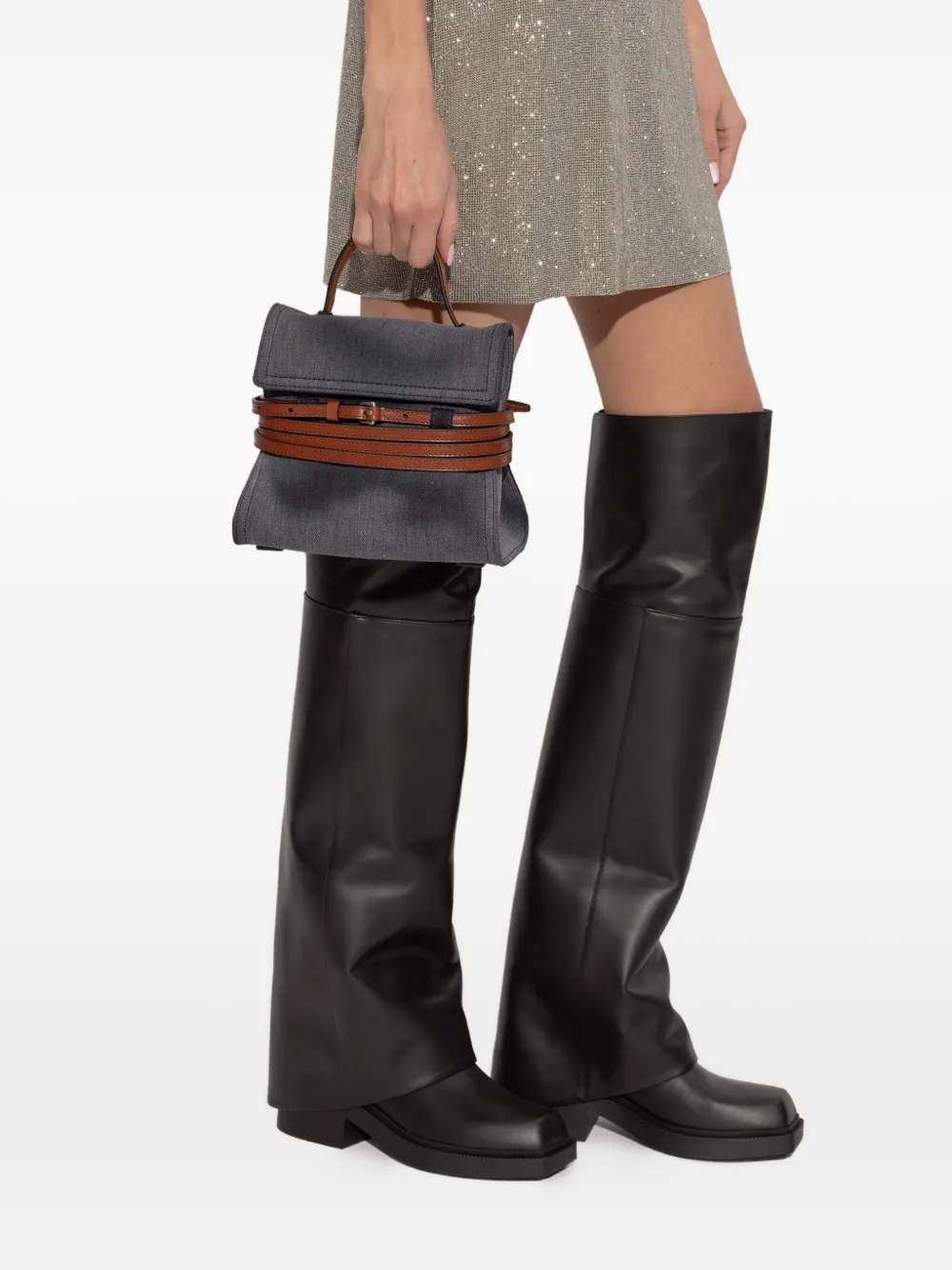 Moschino Tie Me Denim Belted Mini Bag In Gray