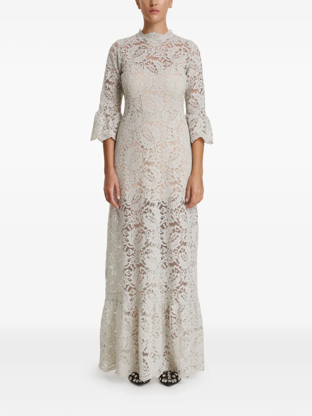 Pnk Flared-sleeve Lace Maxi Dress In Neutral