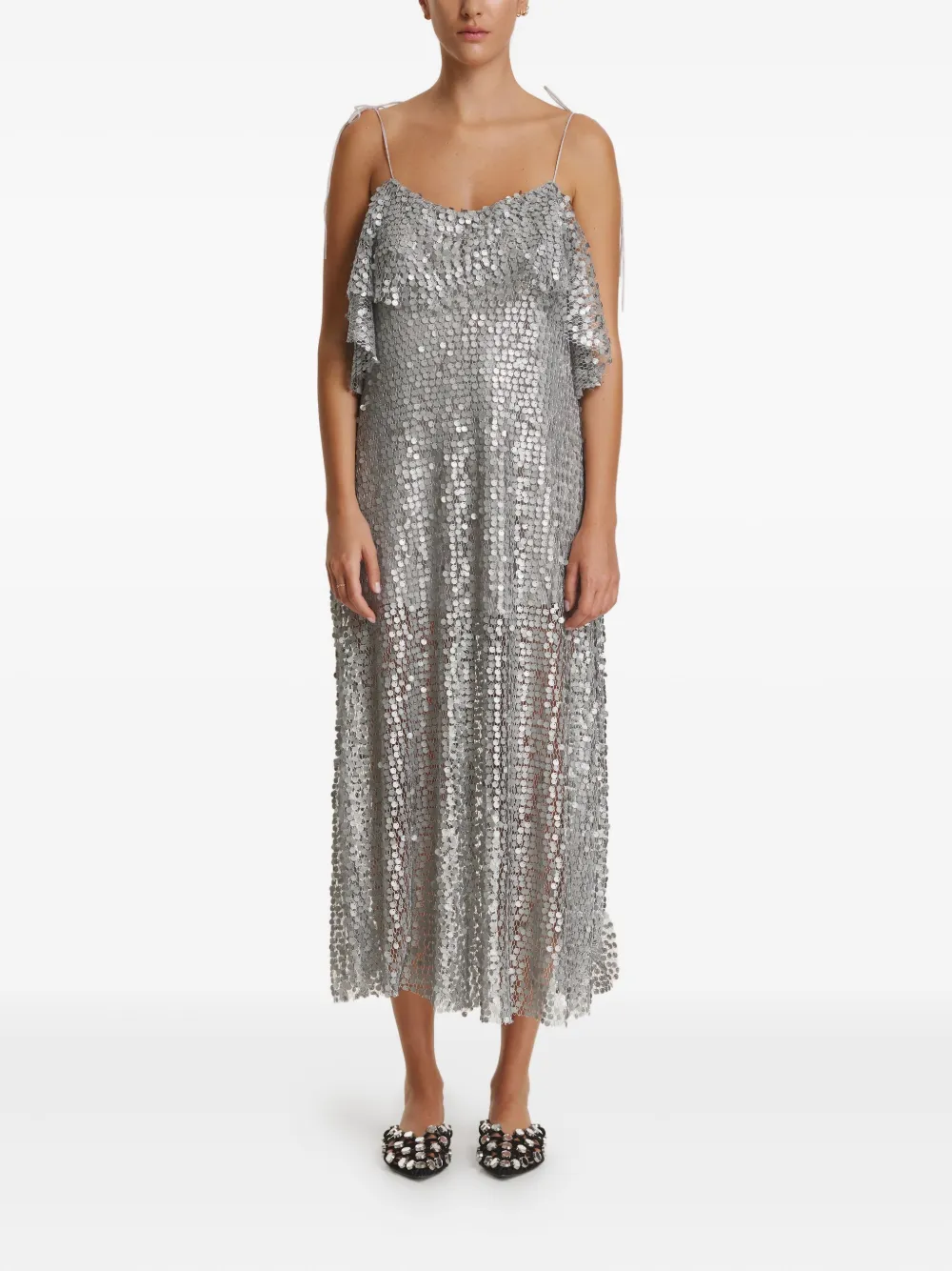 Pnk Sequin Ruffled Midi Dress In Silver