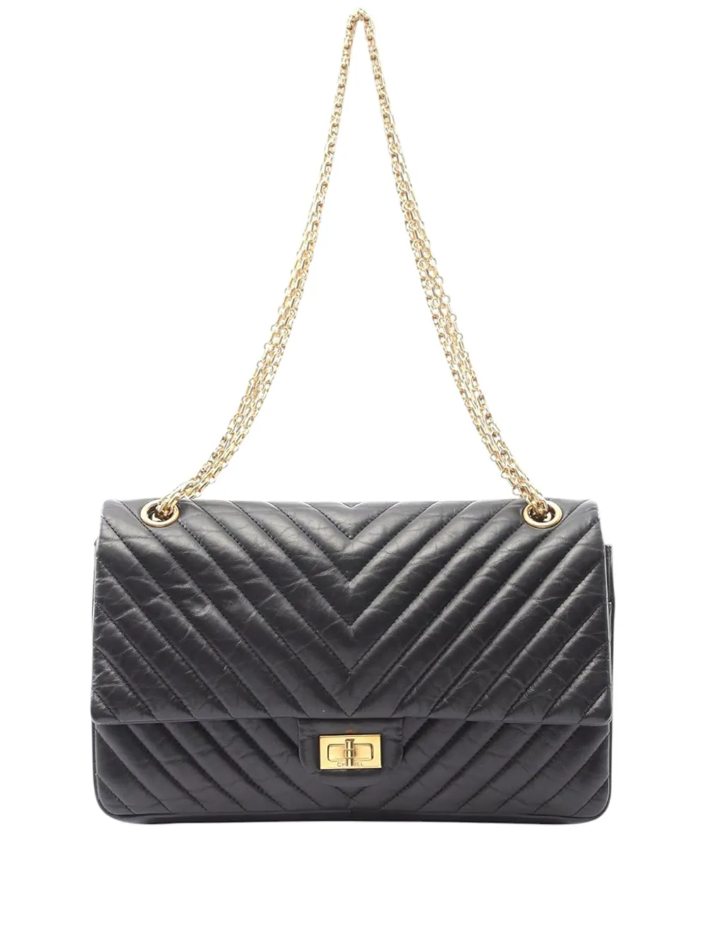 Pre-owned Chanel 2016-2017 Reissue 2.55 Chevron Aged Calfskin Double Flap 226 Shoulder Bag In Black