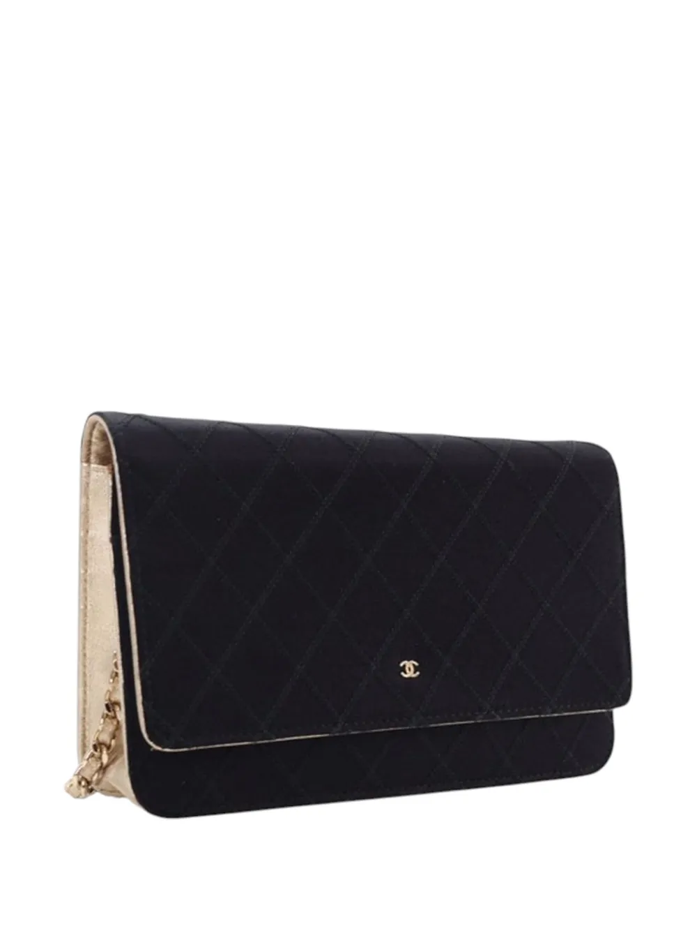 Pre-owned Chanel 2011 Bicolor Satin Diamond Stitch Wallet On Chain Crossbody Bag In Black