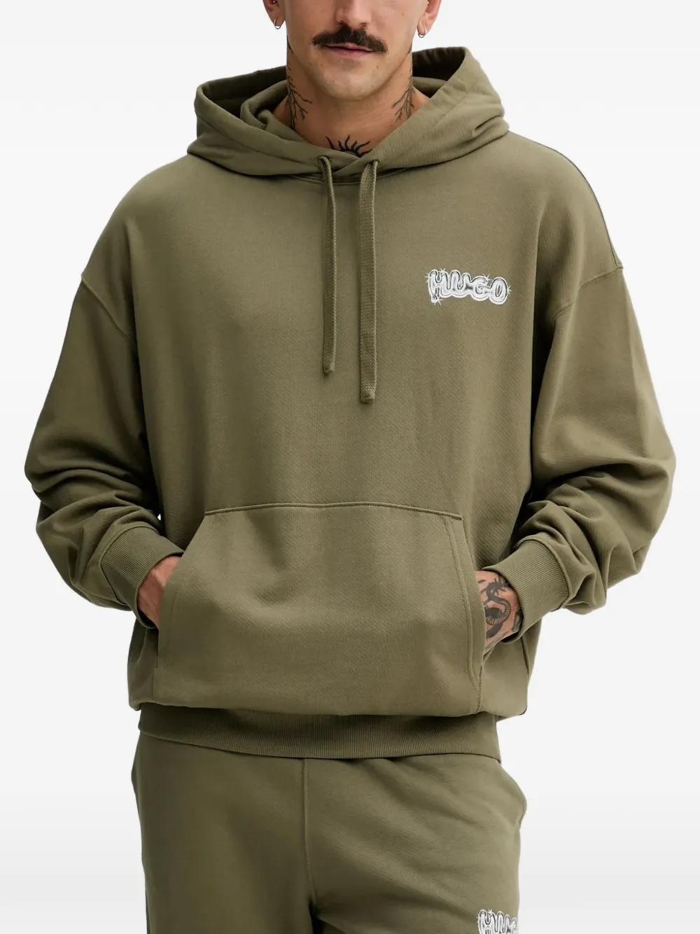 HUGO logo-print long-sleeve hoodie | Green | Image 1