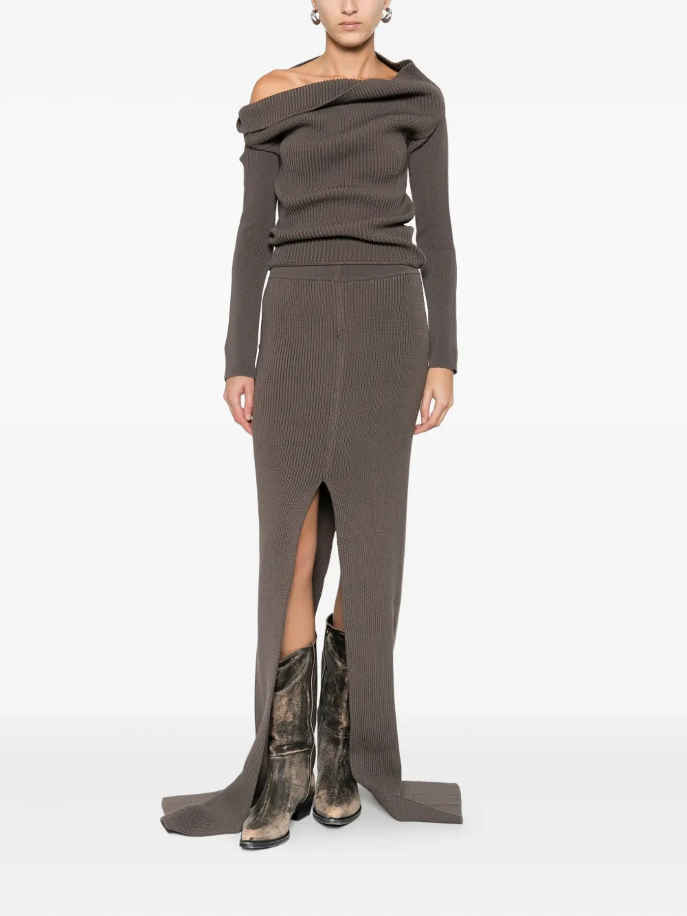 Rick Owens Ribbed Slit Skirt In Brown