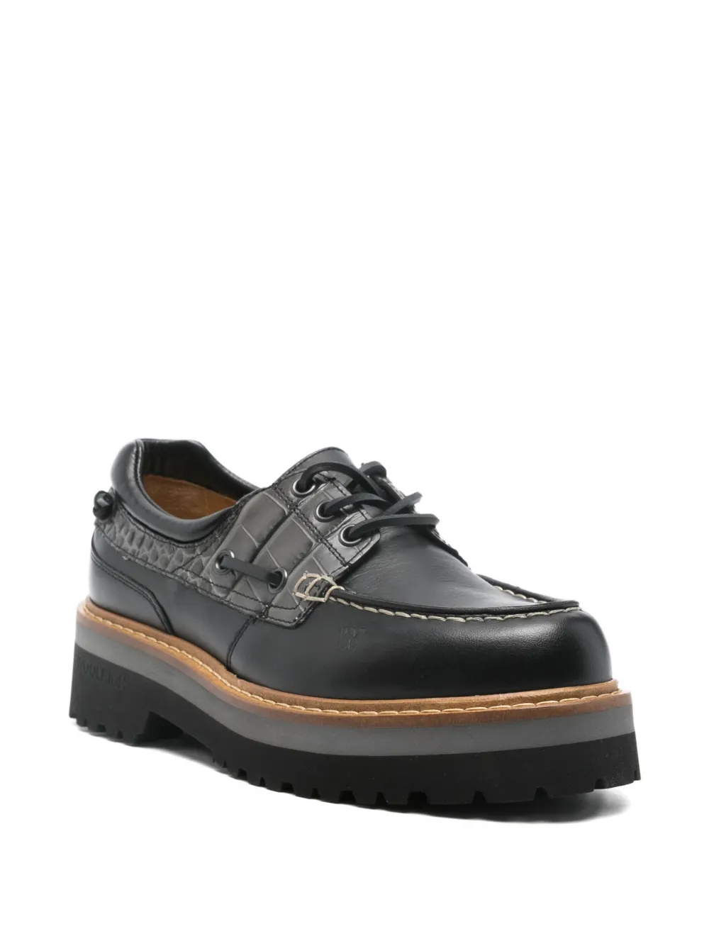 Woolrich Leather Boat Loafers Lug Sole In Black