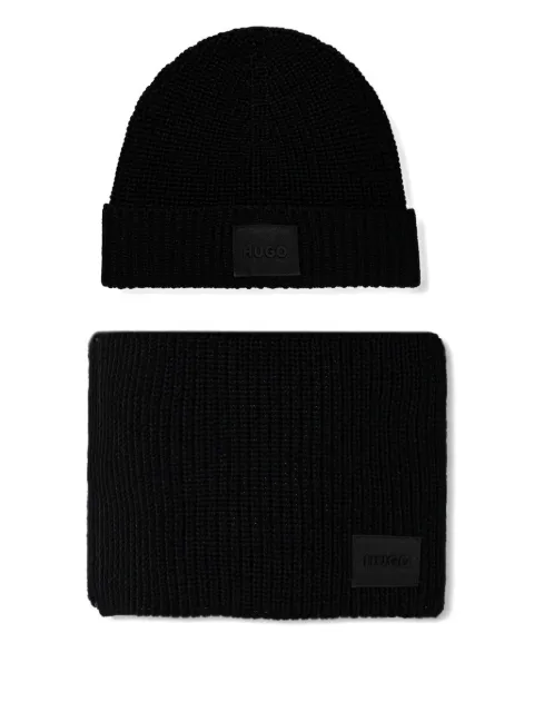HUGO logo-patch knitted beanie set