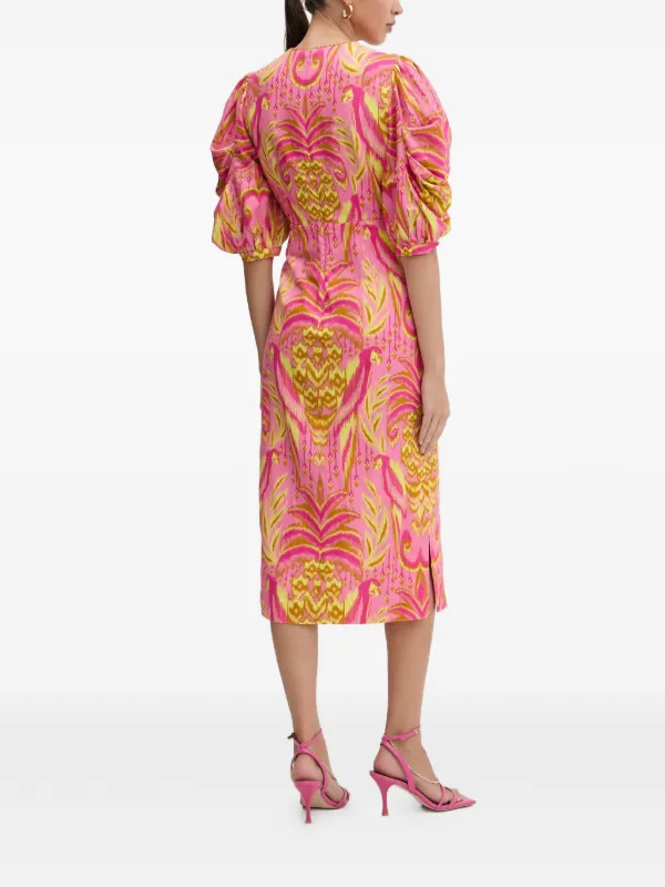 farm rio puff sleeve midi dress FARM Rio Printed puff-sleeve Midi Dress | Pink