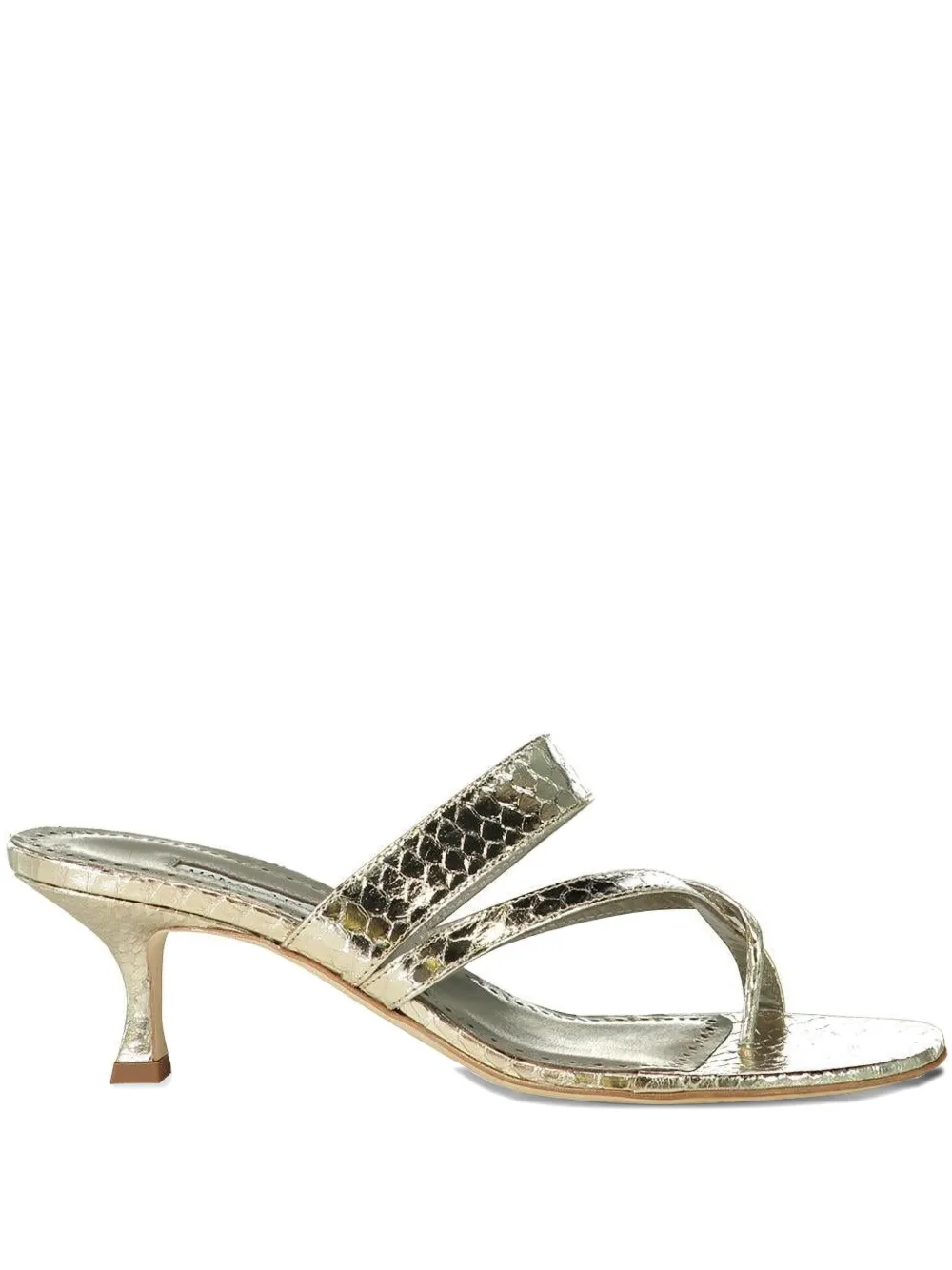 Manolo Blahnik 50 mm Susaperf sandalen met slangen-effect Goud