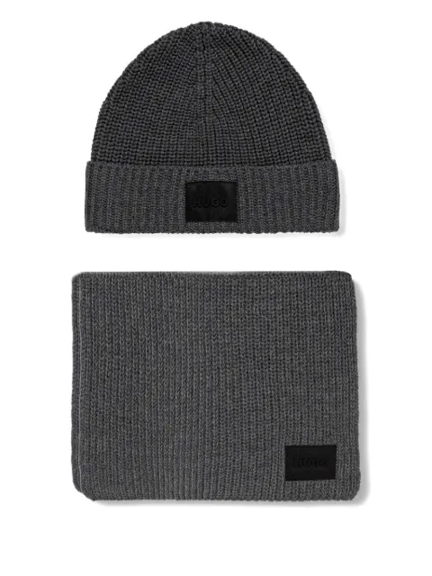 HUGO ribbed logo-patch beanie hat set