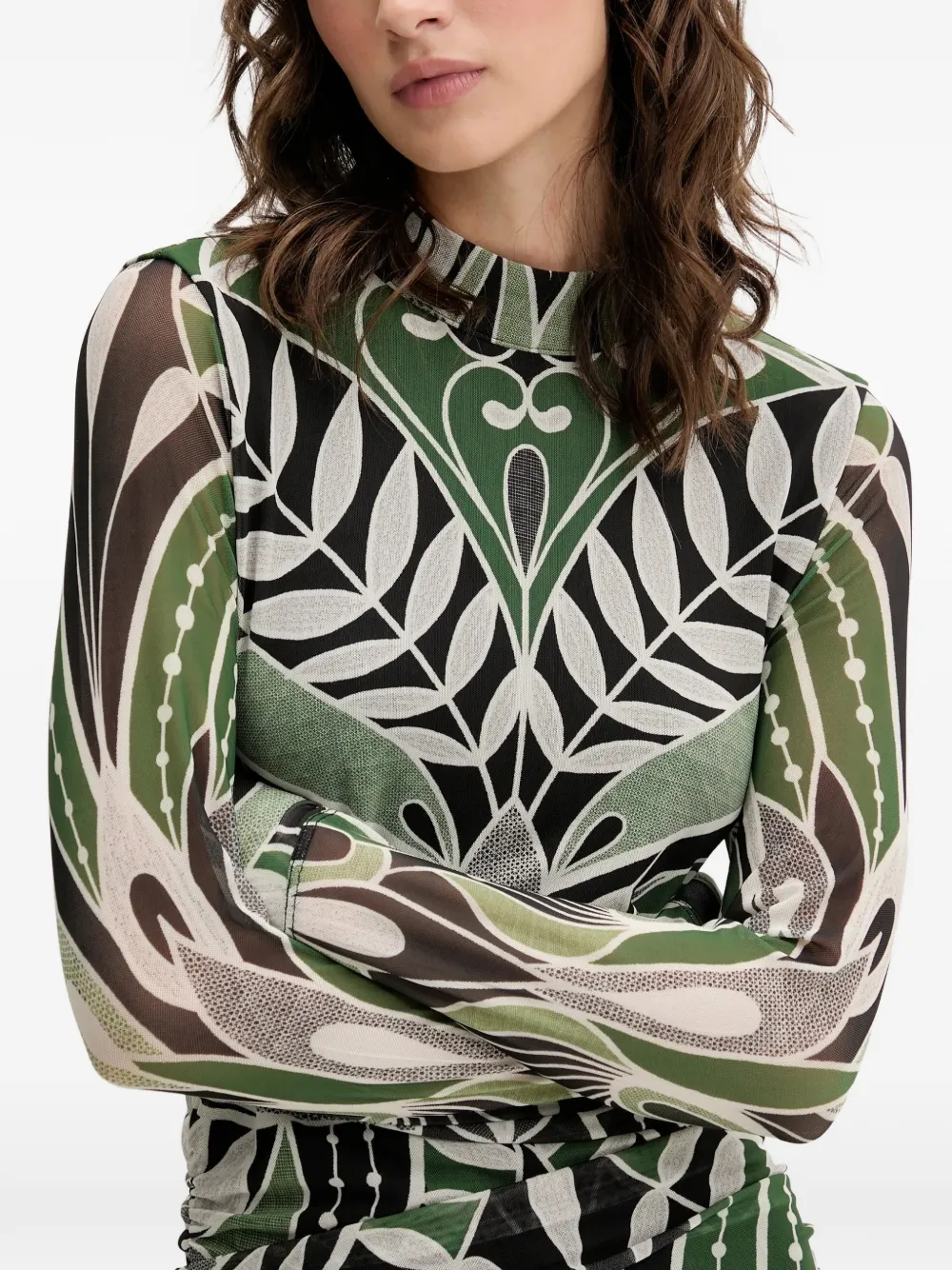 FARM Rio Midi-jurk met bloemenprint en lange mouwen Groen