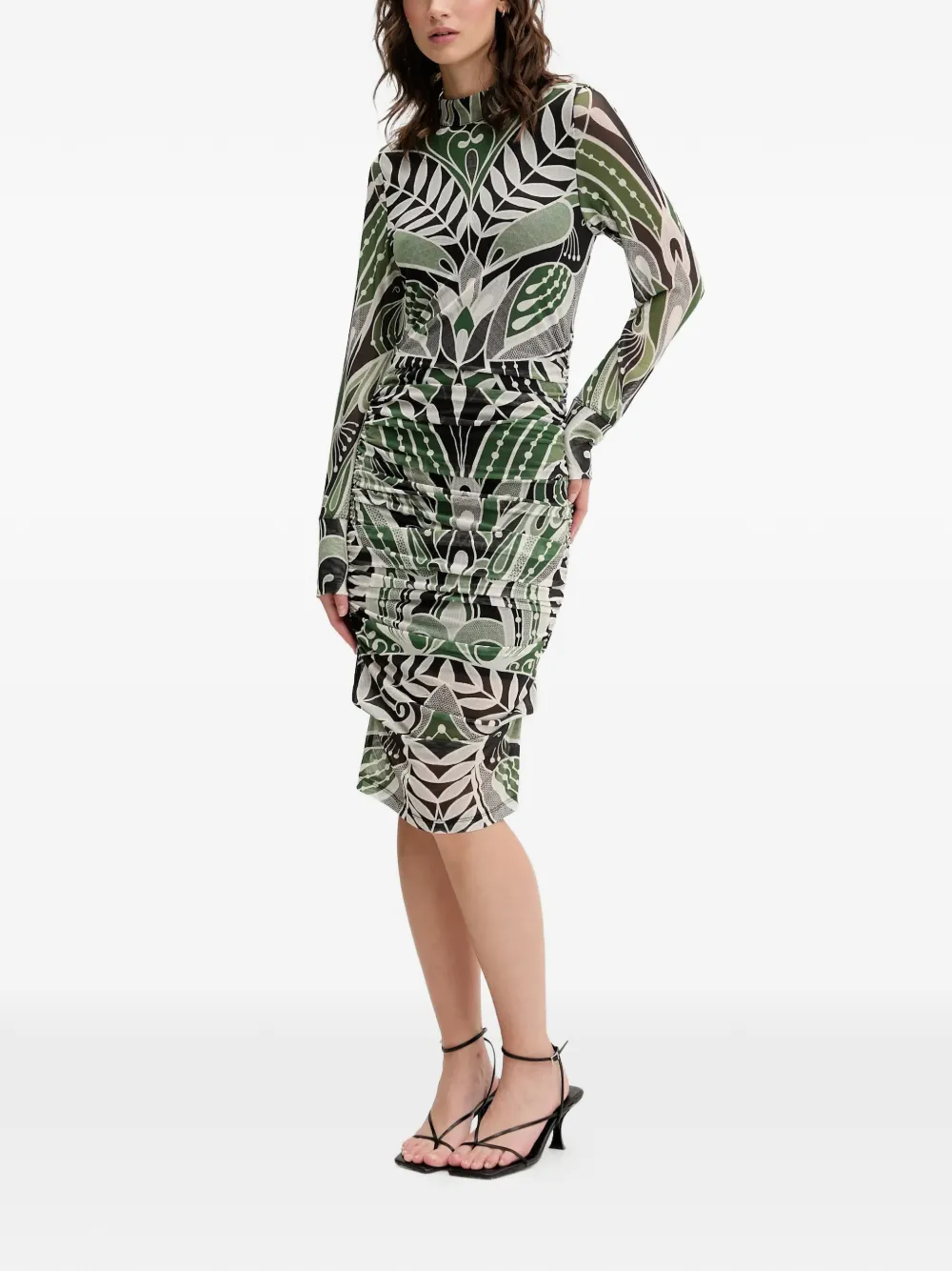 FARM Rio Midi-jurk met bloemenprint en lange mouwen - Groen