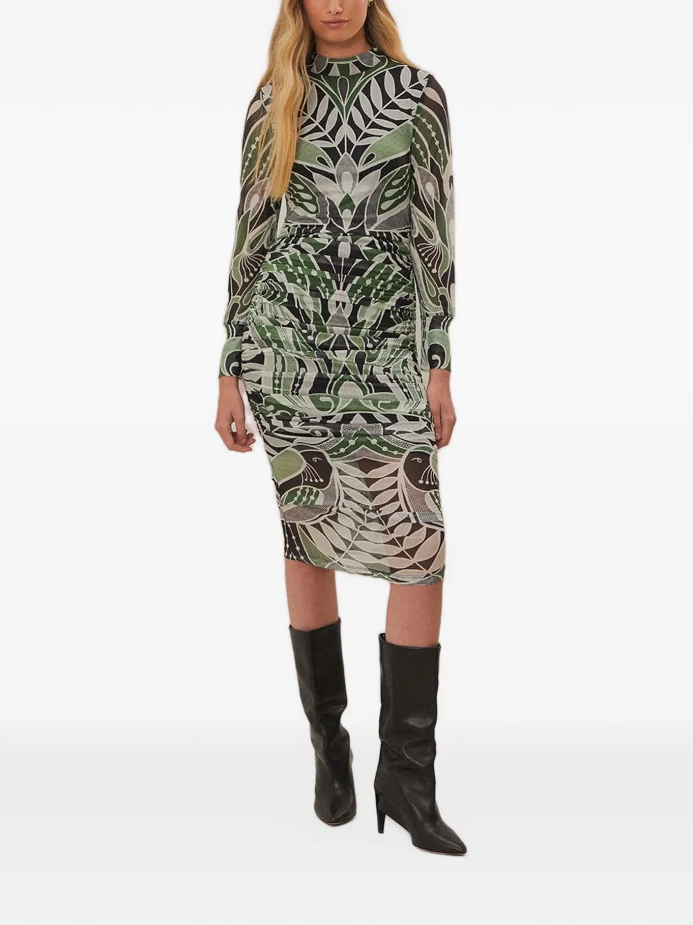 FARM Rio Midi-jurk met bloemenprint en lange mouwen Groen