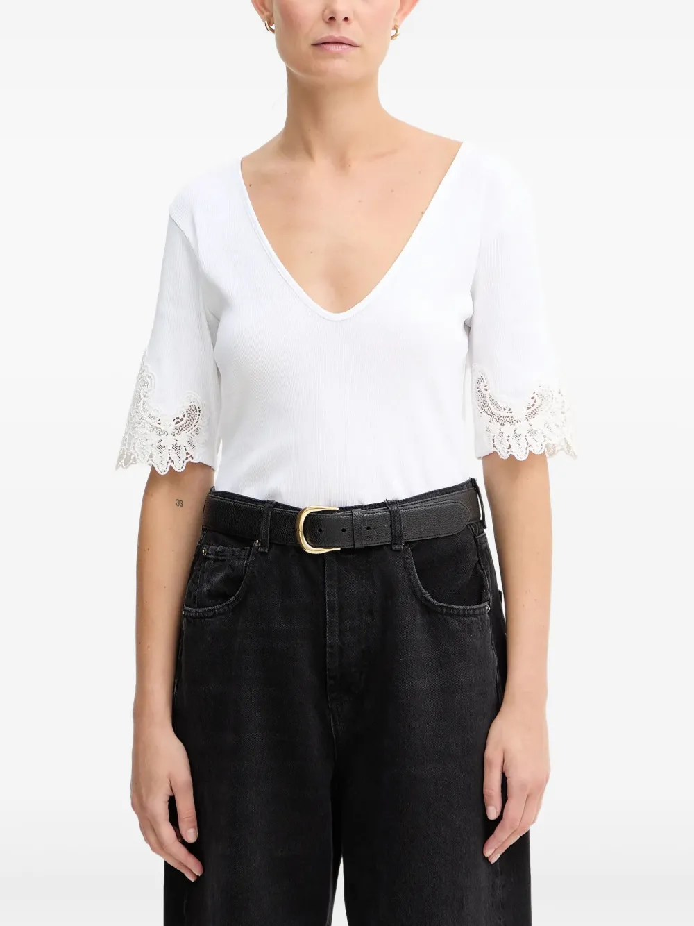 TWINSET V-neck lace-detail T-shirt - Bianco