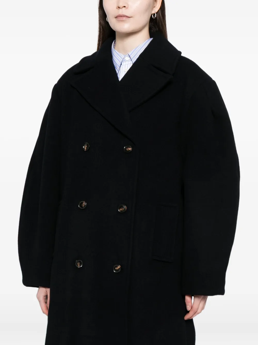 Ganni Oversized Long Peacoat In Black