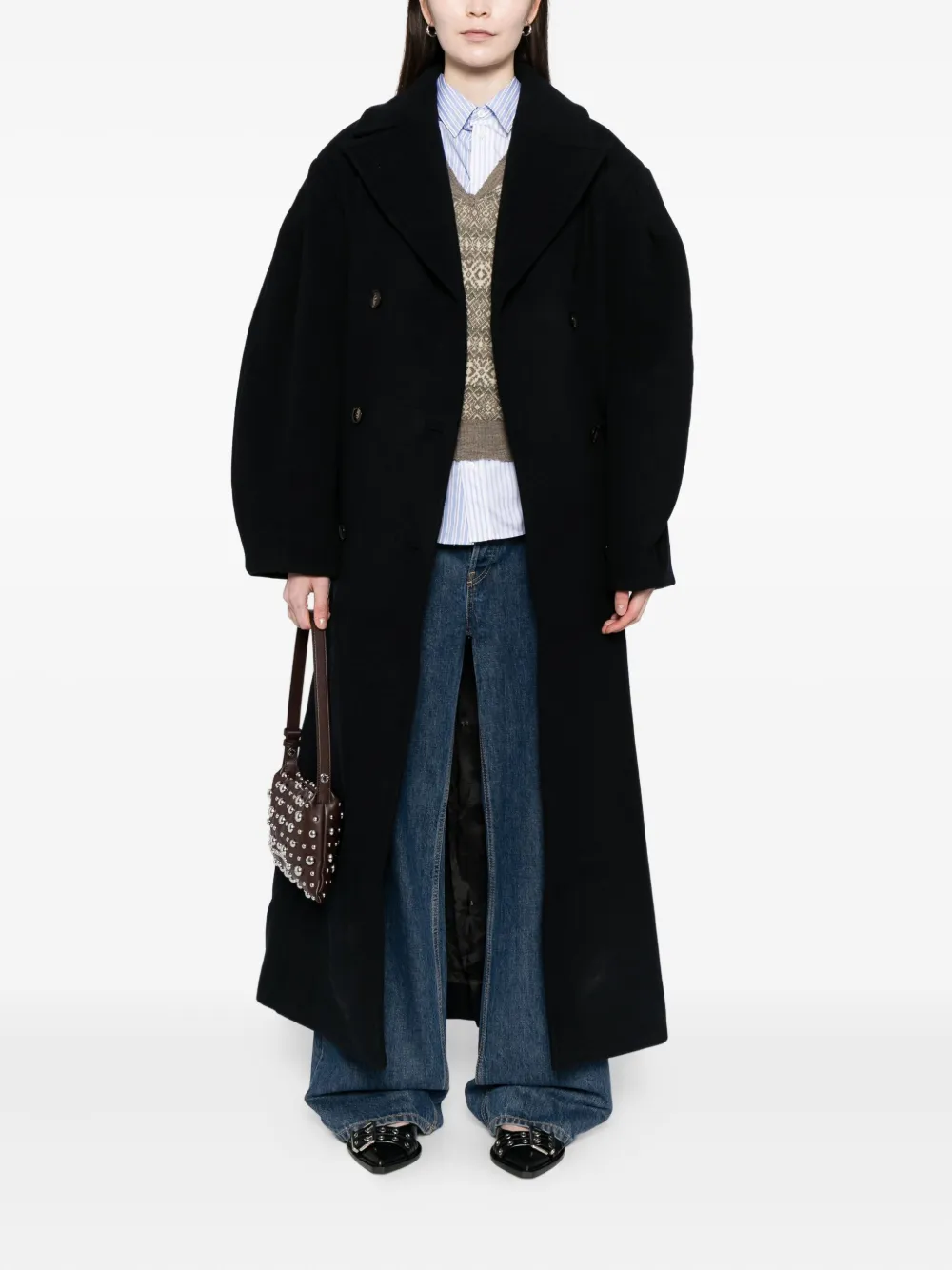 Ganni Oversized Long Peacoat In Black