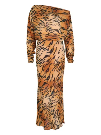tiger print long sleeve dress NEVER FULLY DRESSED Tilly long-sleeve tiger-print Dress | Brown
