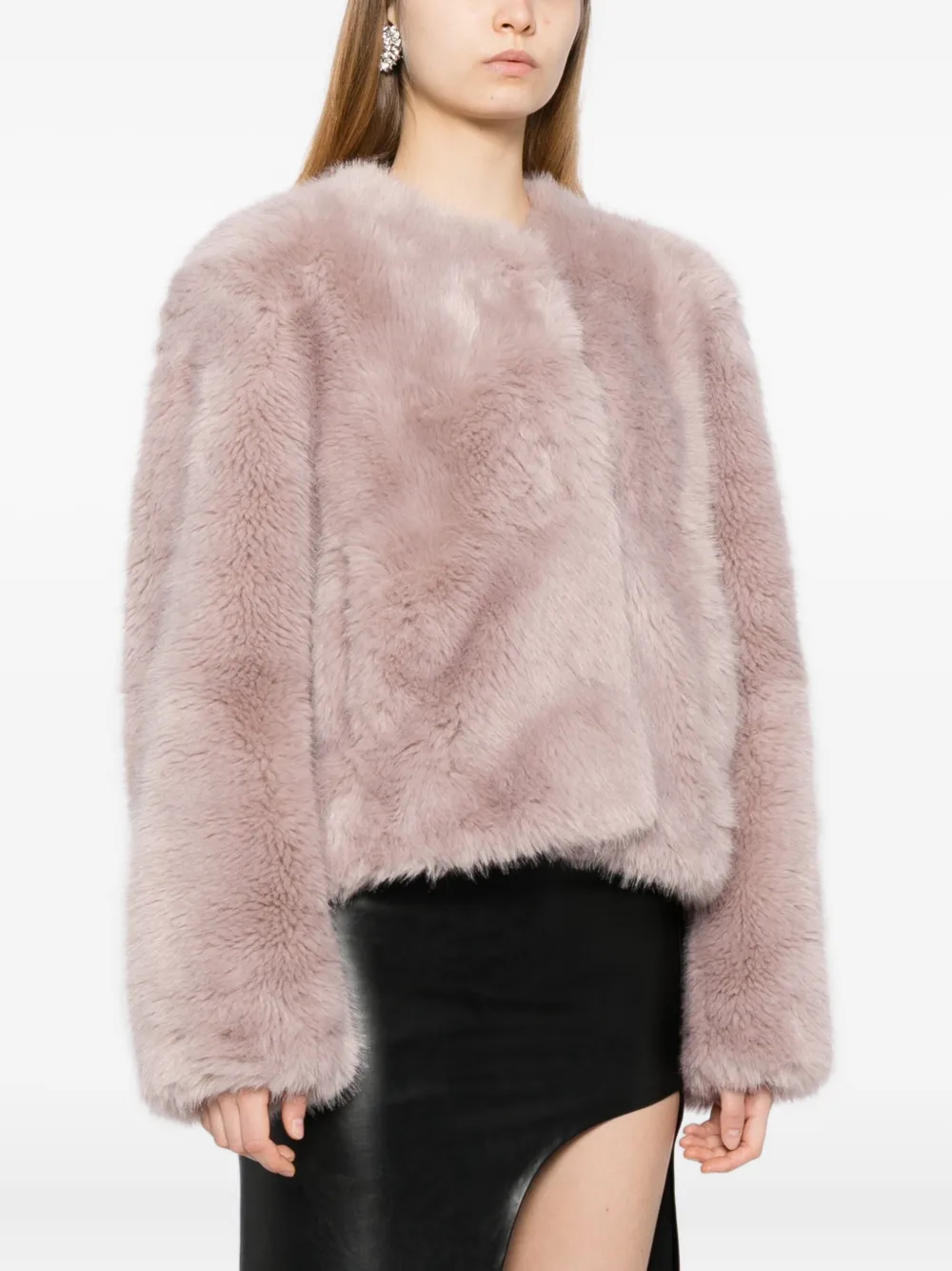 Stand Studio Cropped Faux Fur Jacket With Boxy Silhouette In Pink