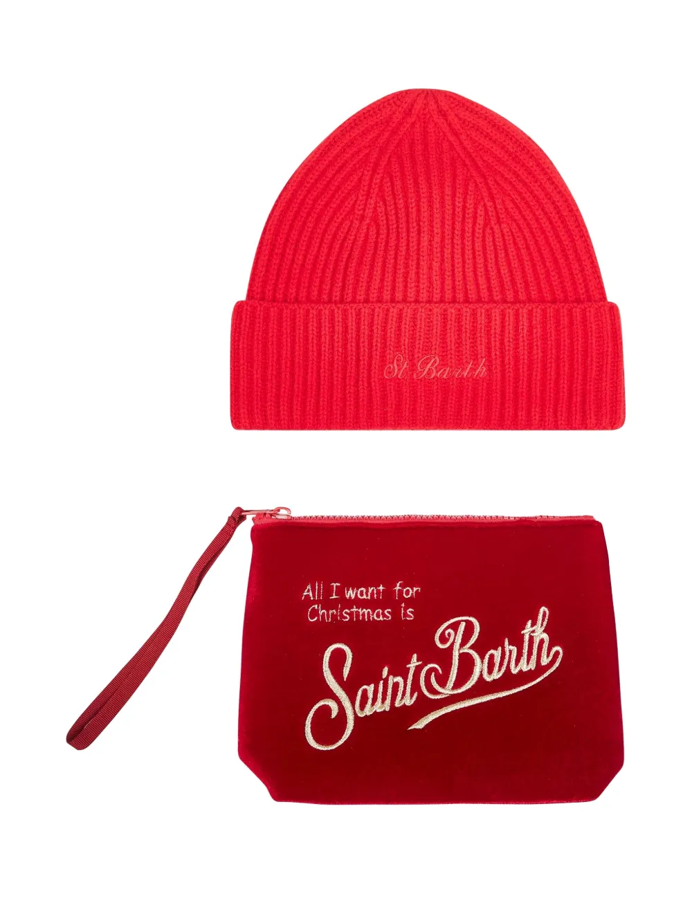 Mc2 Saint Barth Ribbed Velvet Beanie Pouch (set Of Two) In Red