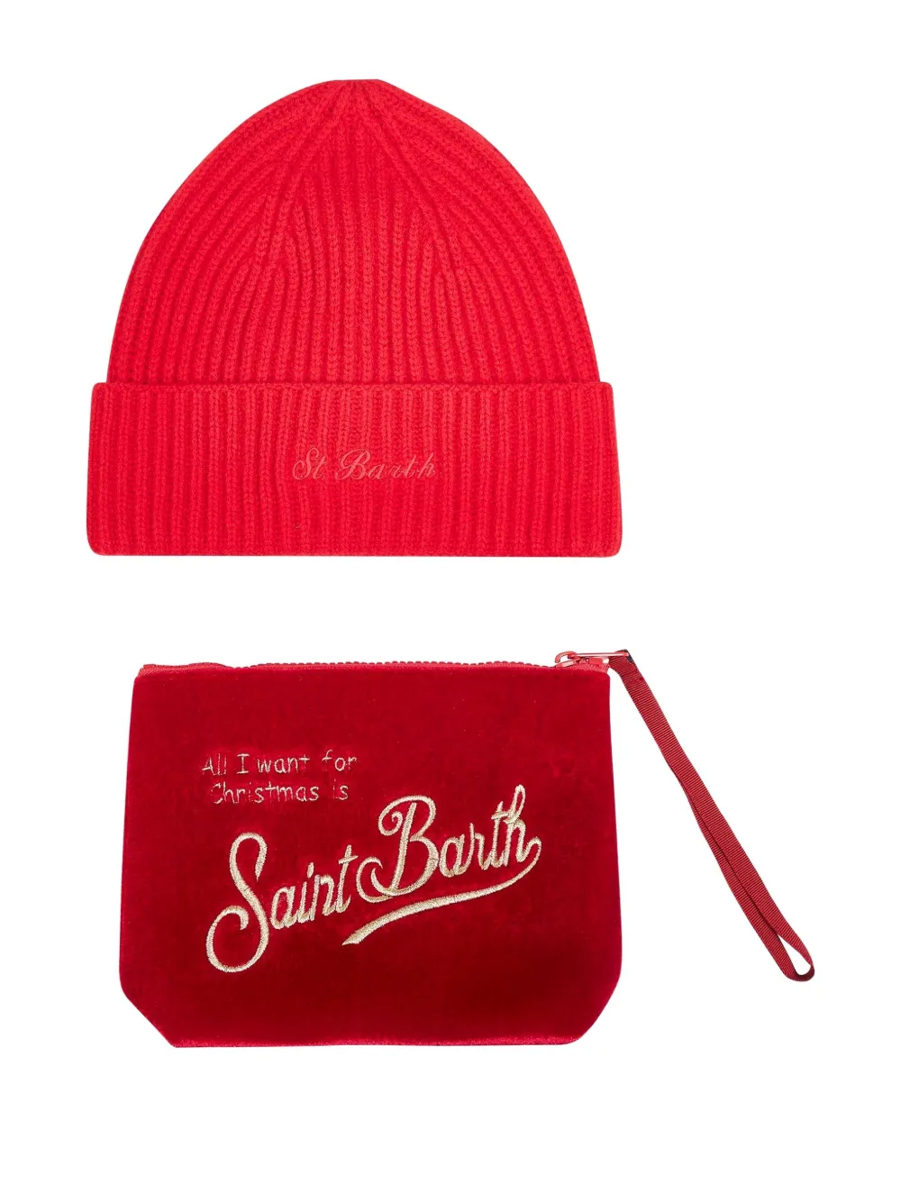Mc2 Saint Barth Ribbed Velvet Beanie Pouch (set Of Two) In Red