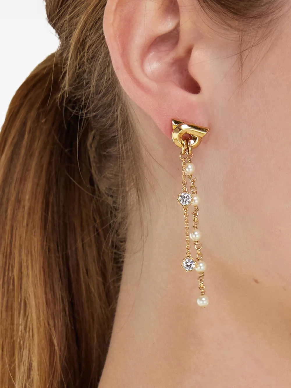 Ferragamo Gancini Crystal Pearl Earrings In Gold