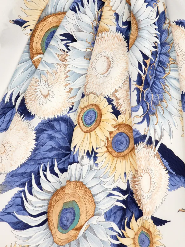 美品　フェラガモ　トップス　シルク　コットン　フラワー　花柄　アンサンブル Ferragamo サンフラワープリント シルクスカーフ | ニュートラル
