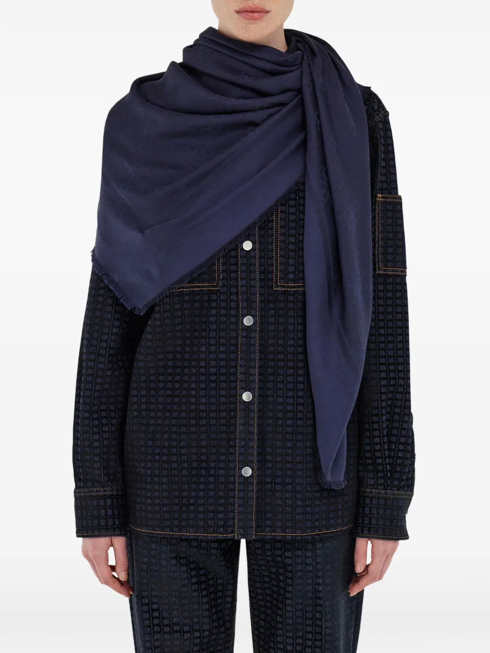  Ferragamo Jacquard Fringed Gancini Scarf - Blue 