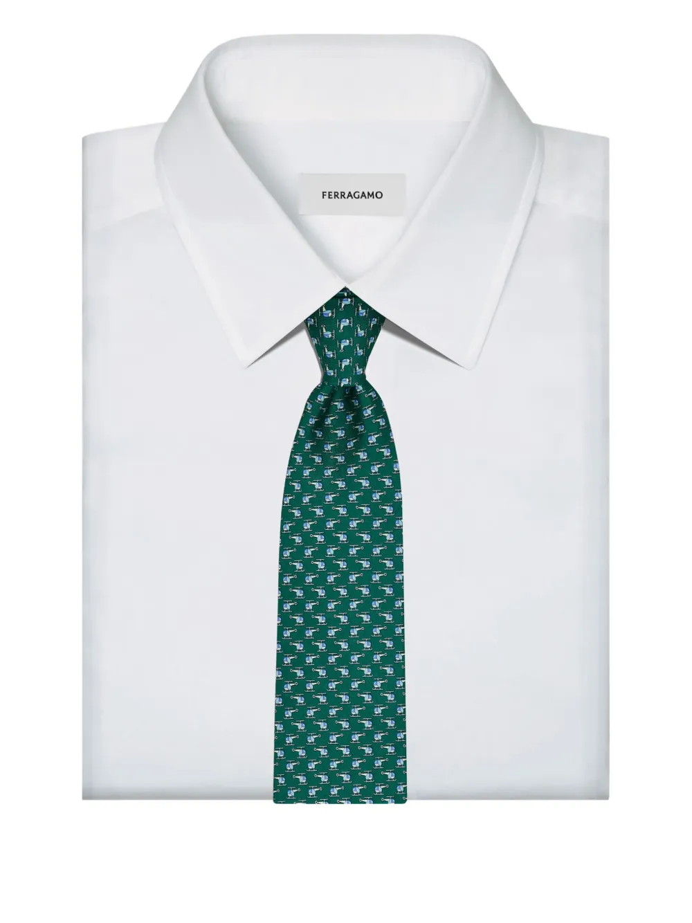 Ferragamo Helicopter Print Silk Tie In Green