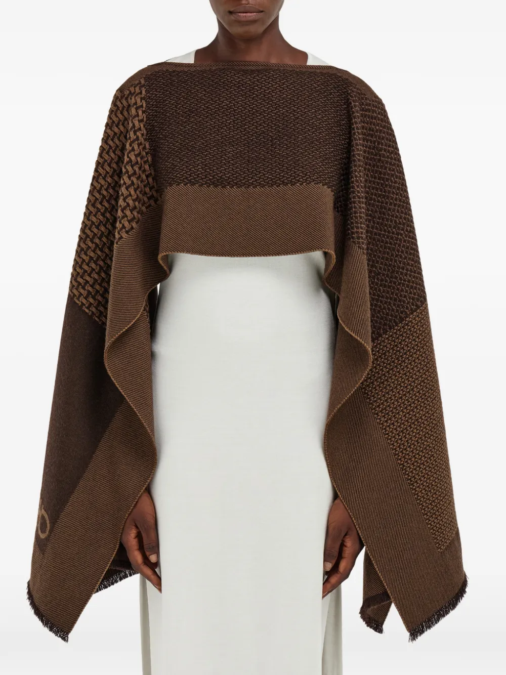 Ferragamo Jacquard Patchwork Cape In Brown