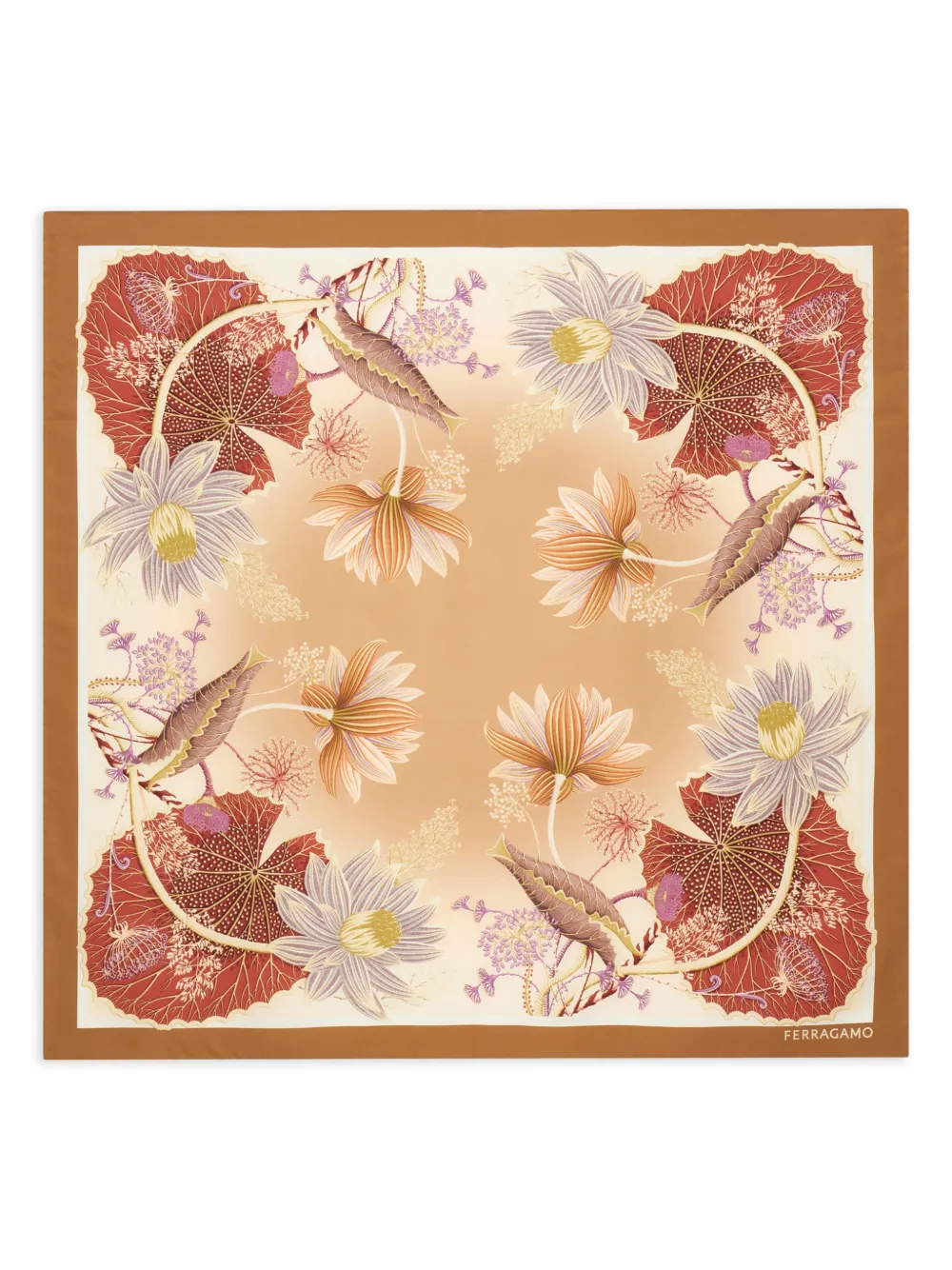 Ferragamo Water Lilies printed silk scarf - Marrone